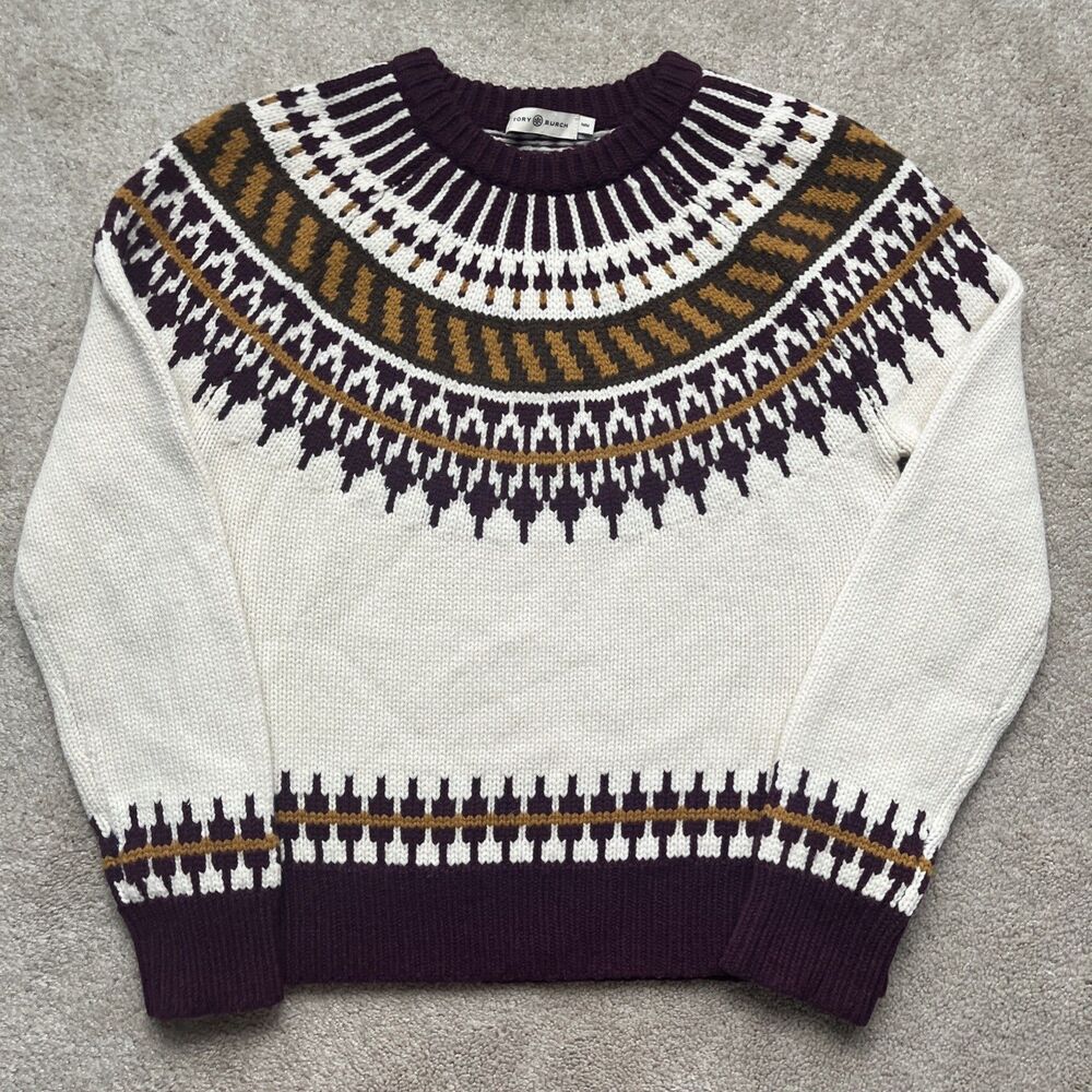 Tory Burch Wool Sweater Womens Medium Intarsia Fair Isle Cream Red Chunky Heavy